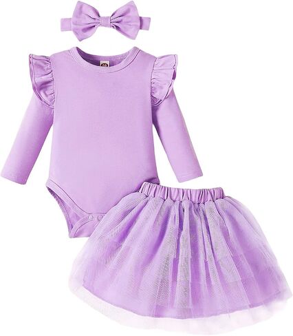 Baby Girl Ruffle Romper Tutu Dress Set Fall Winter 0-18M | Soft breathable fabric, 4-layer tulle skirt, long sleeve romper, bow headband included, Daily wear baptismal holidays in Saudi Arabia