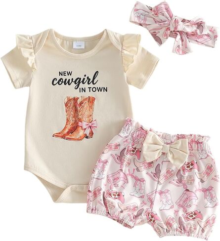 Western Baby Girl Summer Outfit Short Sleeve New Cowgirl in Town Romper Boots Print Shorts Newborn Cowgirl Clothes in Kuwait