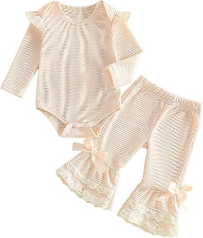 Rtnnsbbfcm Fall Baby Girl Clothes Waffle Romper and Flare Pants Set | Newborn Infant Baby Girl Clothes Ruffle Long Sleeve Romper and Bell Bottoms Fall Winter Outfits Set in Kuwait