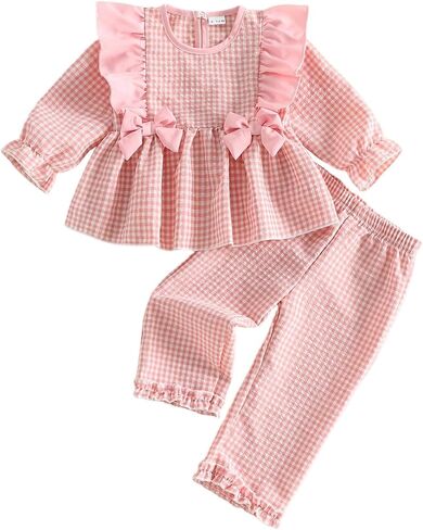 Toddler Baby Girl Fall Outfits Plaid Ruffle Long Sleeve Smocked Shirt Dress Top and Pants 2 Piece Fall Clothes Set in Kuwait