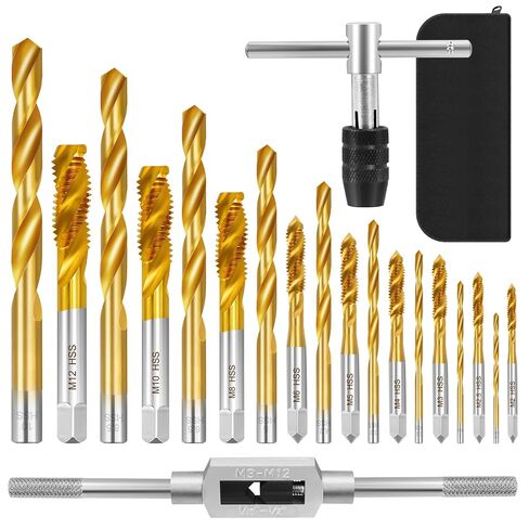Metric Tap and Die Set, 21 Pcs Adjustable Metric Drill and Tap Set with 2 Tap Wrench, M2 M2.5 M3 M4 M5 M6 M8 M10 M12 Taps and 9 Drill Bits, Hand Screw HSS Thread Tap Set, Drill Tap Set in Kuwait