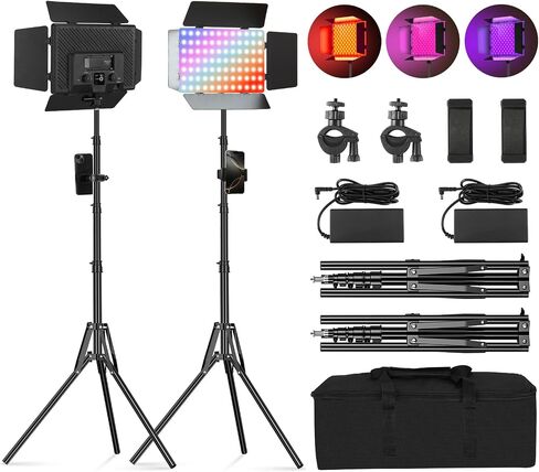 2Pack RGB LED Video Light Kit 12.6in with Barn Door, RGB Photography Light 20W/2500~8500K/14 Effect/2000lux@0.5m LED Panel Light Kit with Light Stand for Gaming Streaming Zoom YouTube Photography in Kuwait