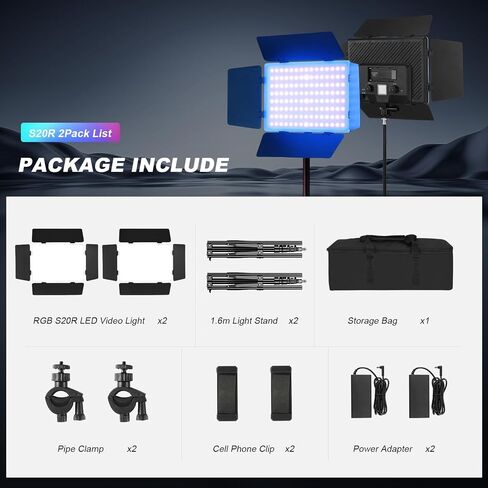 2Pack RGB LED Video Light Kit 12.6in with Barn Door, RGB Photography Light 20W/2500~8500K/14 Effect/2000lux@0.5m LED Panel Light Kit with Light Stand for Gaming Streaming Zoom YouTube Photography in Kuwait