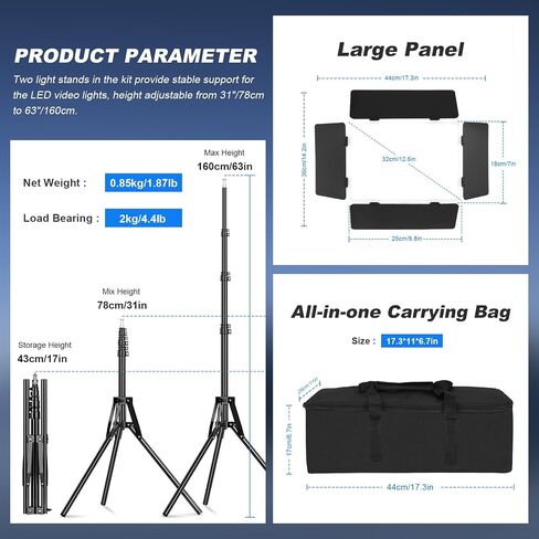 2Pack RGB LED Video Light Kit 12.6in with Barn Door, RGB Photography Light 20W/2500~8500K/14 Effect/2000lux@0.5m LED Panel Light Kit with Light Stand for Gaming Streaming Zoom YouTube Photography in Kuwait