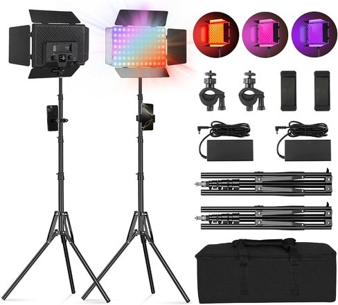 2Pack RGB LED Video Light Kit 12.6in with Barn Door, RGB Photography Light 20W/2500~8500K/14 Effect/2000lux@0.5m LED Panel Light Kit with Light Stand for Gaming Streaming Zoom YouTube Photography in Kuwait