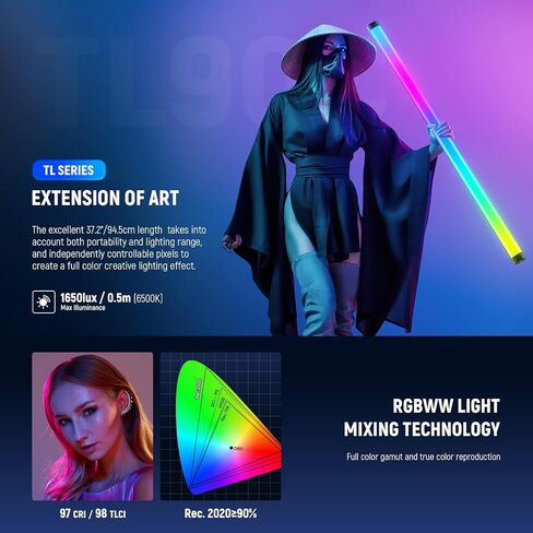 NEEWER TL120C RGB Tube Light, 42W Full Color RGBWW Photography LED Video Light Wand Stick with APP/2.4G/DMX Control, 7 Pixel Effects/18 Scenes, 2500K-10000K CRI97+ TLCI98+, 6000mAh Battery in Kuwait