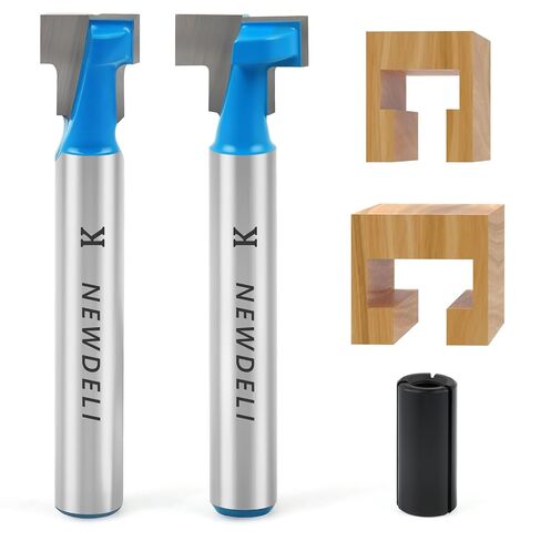 Newdeli Keyhole Router Bit Set with 1/2" to 1/4" Router Collet, 2Pcs T-Slo Router Bits 1/4" Shank, 3/8" 1/2" Blade Diameter T-Track Slotting Cutter for Woodworking Hex Bolt Slots in Kuwait