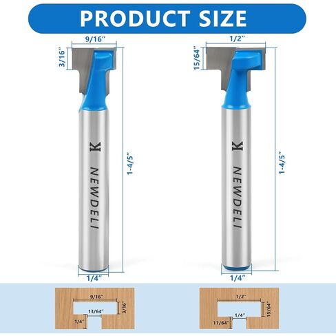 Newdeli Keyhole Router Bit Set with 1/2" to 1/4" Router Collet, 2Pcs T-Slo Router Bits 1/4" Shank, 3/8" 1/2" Blade Diameter T-Track Slotting Cutter for Woodworking Hex Bolt Slots in Kuwait
