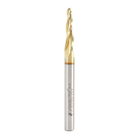 Amana Tool CNC 2D and 3D Carving Ball Nose Tapered Angle Router Bit (HSS), ZrN Coated, HSS1304, 3.6 Deg 1/8 D x 1/16 R x 1 x 1/4 Shk x 3 Inch L x 3 F in Kuwait