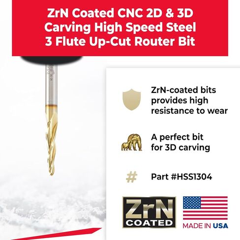 Amana Tool CNC 2D and 3D Carving Ball Nose Tapered Angle Router Bit (HSS), ZrN Coated, HSS1304, 3.6 Deg 1/8 D x 1/16 R x 1 x 1/4 Shk x 3 Inch L x 3 F in Kuwait