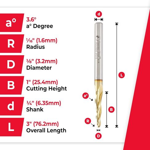 Amana Tool CNC 2D and 3D Carving Ball Nose Tapered Angle Router Bit (HSS), ZrN Coated, HSS1304, 3.6 Deg 1/8 D x 1/16 R x 1 x 1/4 Shk x 3 Inch L x 3 F in Kuwait