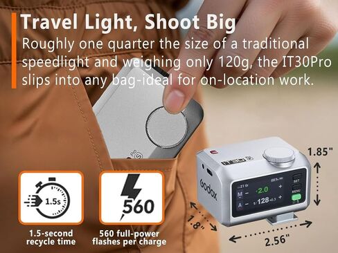 Godox iT30pro F TTL Mini Flash - GODOX iT30 Pro F for Fuji - GoDOx IT30 Pro for Fujifilm GodOX TTL Flash, Wireless Master & Receiver, HSS 1/8000 Second, 2.4G Wireless, GodOX Flash (Sliver) in Kuwait