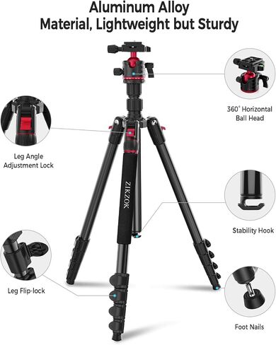 Camera Tripod, Lightweight Travel Outdoor DSLR Tripods Aluminum Tripod/Monopod, 360°Ball Head Detachable, Tripod for iPhone, ipad, DSLR,Tablet with Carry Bag in Kuwait