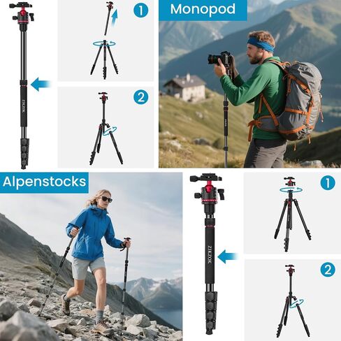 Camera Tripod, Lightweight Travel Outdoor DSLR Tripods Aluminum Tripod/Monopod, 360°Ball Head Detachable, Tripod for iPhone, ipad, DSLR,Tablet with Carry Bag in Kuwait