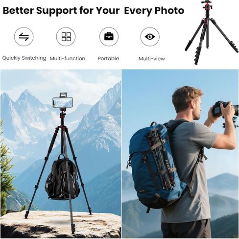 Camera Tripod, Lightweight Travel Outdoor DSLR Tripods Aluminum Tripod/Monopod, 360°Ball Head Detachable, Tripod for iPhone, ipad, DSLR,Tablet with Carry Bag in Kuwait