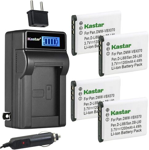 Kastar 4-Pack DB-L80 Battery and LCD AC Charger Compatible with Sanyo Xacti DMX-CG100, DMX-CG100L, DMX-CG100R, DMX-CG100W, Xacti DMX-CS1, DMX-CS1G, DMX-CS1P, DMX-CS1S, Xacti DMX-GH1, DMX-GH1L Cameras in Kuwait