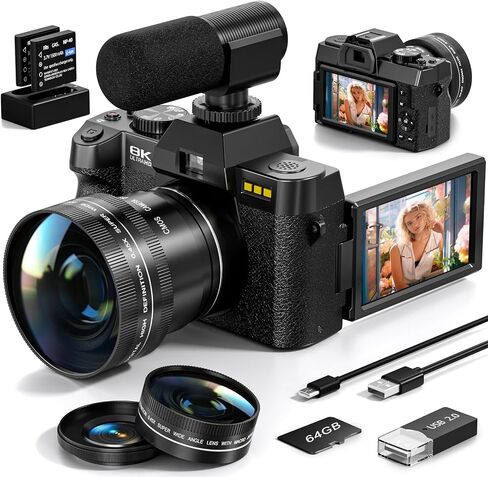 8K Digital Cameras for Photography, 64MP Vlogging Camera with 180°Flip Screen，2 Batteries, 64GB TF Card，16X Zoom, WiFi,Microphone, Wide & Macro Lens Kit (Black) (Black) in Kuwait