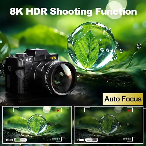 8K Digital Cameras for Photography, 64MP Vlogging Camera with 180°Flip Screen，2 Batteries, 64GB TF Card，16X Zoom, WiFi,Microphone, Wide & Macro Lens Kit (Black) (Black) in Kuwait