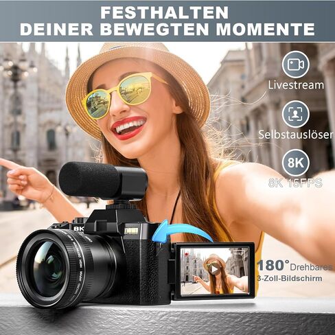 8K Digital Cameras for Photography, 64MP Vlogging Camera with 180°Flip Screen，2 Batteries, 64GB TF Card，16X Zoom, WiFi,Microphone, Wide & Macro Lens Kit (Black) (Black) in Kuwait