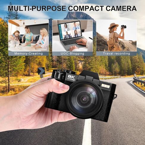 8K Digital Cameras for Photography, 64MP Vlogging Camera with 180°Flip Screen，2 Batteries, 64GB TF Card，16X Zoom, WiFi,Microphone, Wide & Macro Lens Kit (Black) (Black) in Kuwait