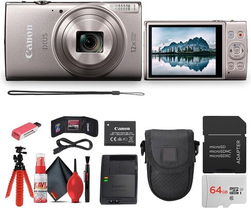 Canon PowerShot IXUS 285 HS A Digital Camera 12x & Tripod (Black) Bundle | For Photography & Video | 12x Optical Zoom + 64GB Memory Card + Cleaning Kit + Case + More in Kuwait