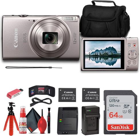 Canon PowerShot IXUS 285 HS A Digital Camera 12x & Tripod (Black) Bundle | For Photography & Video | 12x Optical Zoom + 64GB Memory Card + Cleaning Kit + Case + More in Kuwait