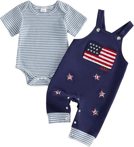 WASAIGOOD Newborn Infant Baby 4th of July Outfit Boy Striped Romper USA American Flag Overalls Toddlers Patriotic Clothes Set in Kuwait