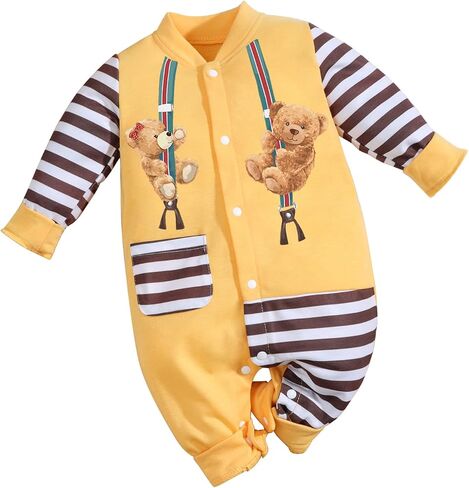 Newborn Baby Boys Girl Adorable Bear Striped Long Sleeve Romper Infant One-Piece Outfits Toddler Button Jumpsuits in Kuwait