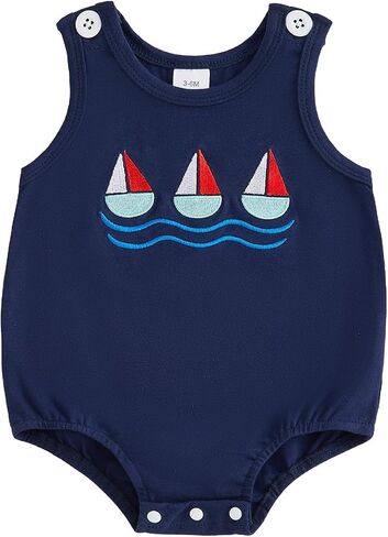 Infant Baby Boy Outfit Sailboat Embroidery Crewneck Sleeveless Bubble Romper Infant Bodysuit Newborn Summer Clothes in Kuwait