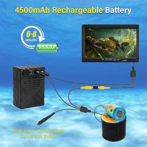 Underwater Fishing Camera, 7" HD LCD DVR Fish Finder 1200TVL Waterproof Fishing Camera IP68 with 36pcs Infrared White Dual Lights for Boat, Lake, Ice Fishing in Kuwait
