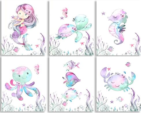 Watercolor Sea Marine Life Wall Art Prints,Sea Animals Prints Ocean Creatures Turtle,octopus,Hippocampus,Crab,Posters for Baby Nursery Kids Room Wall Decor Children's Bathroom Decor,Set of 4(8" X 10" in Kuwait