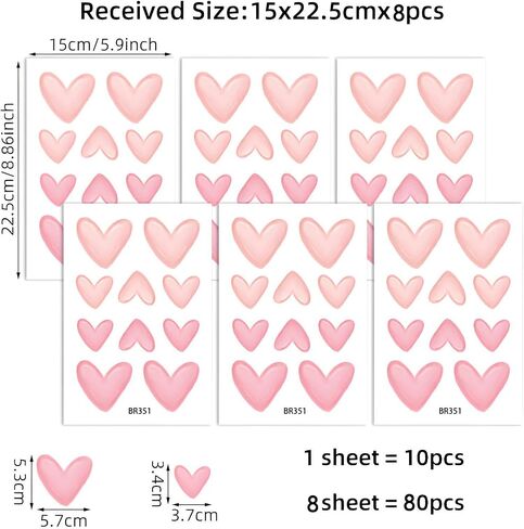 80 Pieces Pink Heart Shape Wall Stickers for Bedroom, PVC, Girls Room Decor, Kids Nursery Wall Decals in Kuwait
