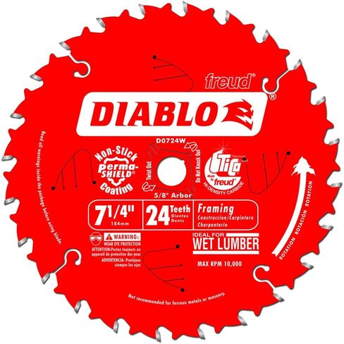 Diablo Framing Saw Blade - 24 Teeth, 7-1/4" Dia, 5/8" Arbor, .059" Kerf | With Perma-SHIELD for Long Life & Fast Cuts on Woods - D0724W in Kuwait