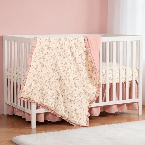 Organic Cotton Muslin Baby Crib Bedding Set 3Pcs Flounce Edge 52"x28" Soft | Nursery Bed Quilt Set Decor with Fitted Crib Sheet, Quilted Comforter Blanket, Bed Skirt for Newborn Toddler Girls in Kuwait