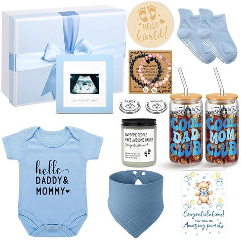 13 Pcs New Mom Gifts for Boys Baby Shower Basket Gift Pregnancy New Parents Basket Gift for Couples Gender Reveal Gifts with Mom and Dad Baby Showers Care Package for First Time Moms in Kuwait