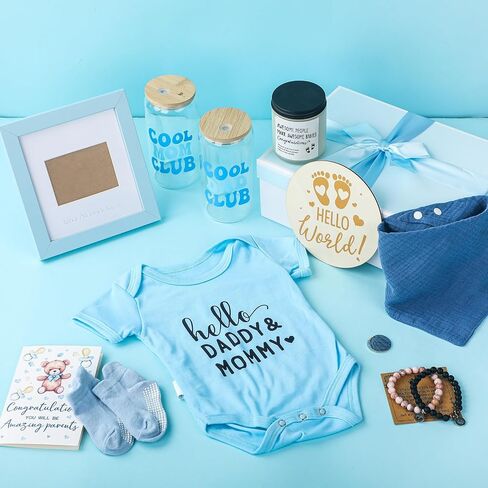 13 Pcs New Mom Gifts for Boys Baby Shower Basket Gift Pregnancy New Parents Basket Gift for Couples Gender Reveal Gifts with Mom and Dad Baby Showers Care Package for First Time Moms in Kuwait