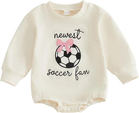 Baby Girl Soccer Clothes Letter Soccer Ball Bow Embroidered Long Sleeve Bubble Sweatshirt Romper Fall Bodysuit in Kuwait