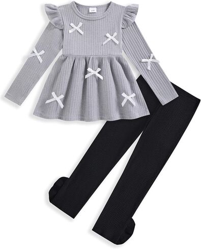 Toddler Girl Clothes Long Sleeve Fall Outfits for Girls 3-7 Years | Crewneck Ruffle Bows Heart Top Solid Color Ruffle Pants, Girls Fall Winter 2 Piece Casual School Clothing Sets for Kids Gifts in Kuwait