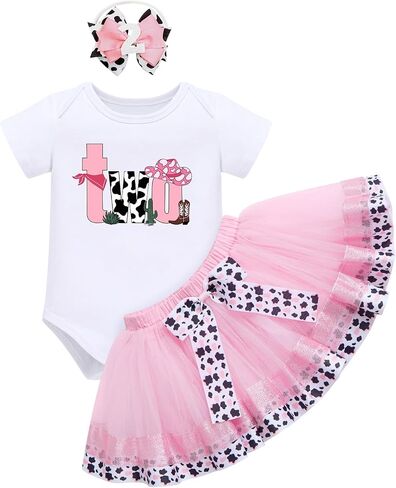 IBTOM CASTLE Toddler Baby Girl 1st 2nd Birthday Outfit Cowgirl Tutu Skirt | Toddler 1st 2nd Birthday Outfit Girl Cowgirl Romper Tulle Tutu Dress with Bow Headband for Cake Smash Photoshoot Party in Kuwait