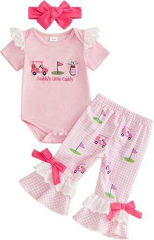 ​Baby Girl Golf Outfit Daddys Little Caddy Ruffle Romper Flare Pants Bow Set Cute Newborn Coming Home Summer Clothes in Kuwait