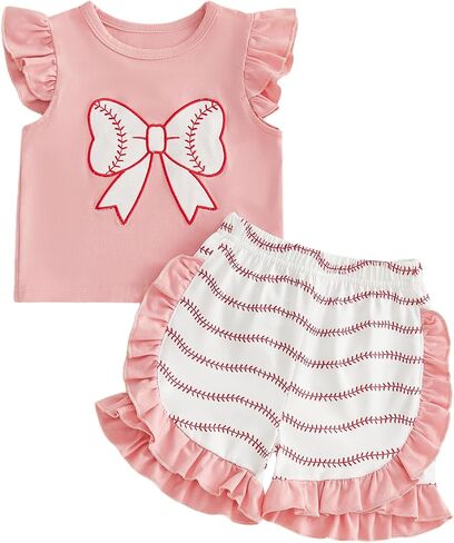 Toddler Baby Girl Summer Clothes Baseball/Soccer Bow Outfit Ruffle Sleeveless T-Shirt Top Shorts 2Piece Set in Kuwait