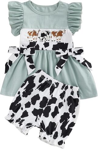 Toddler Western Baby Girl Summer Clothes Cattle Smocked Shirt Cow Print Ruffle Bloomer Shorts Cute Cowgirl Outfit in Kuwait