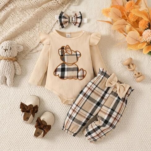 Baby Girl Plaid Outfit Long Sleeve Ribbed Romper and Bow Plaid Pants Set with Matching Headband in Kuwait