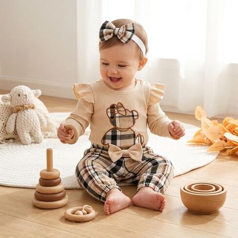 Baby Girl Plaid Outfit Long Sleeve Ribbed Romper and Bow Plaid Pants Set with Matching Headband in Kuwait