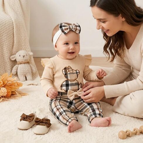 Baby Girl Plaid Outfit Long Sleeve Ribbed Romper and Bow Plaid Pants Set with Matching Headband in Kuwait