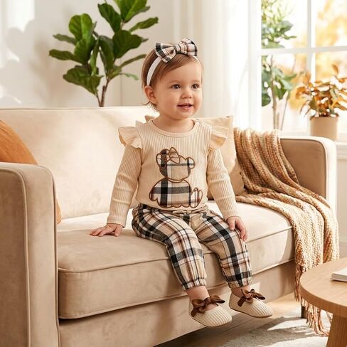 Baby Girl Plaid Outfit Long Sleeve Ribbed Romper and Bow Plaid Pants Set with Matching Headband in Kuwait
