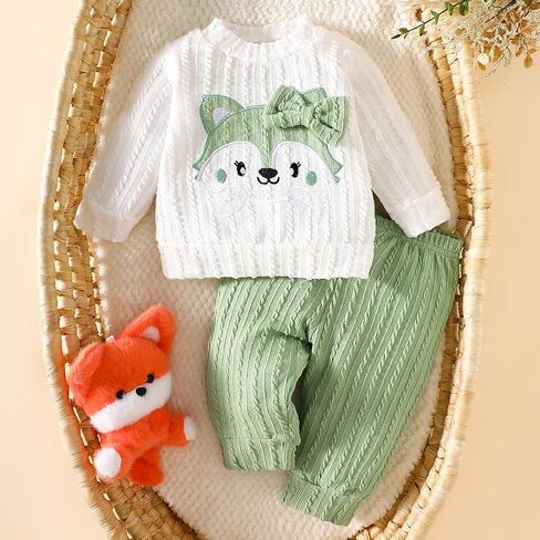 Baby Girl Clothes Fox Outfits Infant Girl Clothing Set Knit Long Sleeve Sweater Top Pants 2Pcs Newborn Girl Outfits Green in Kuwait