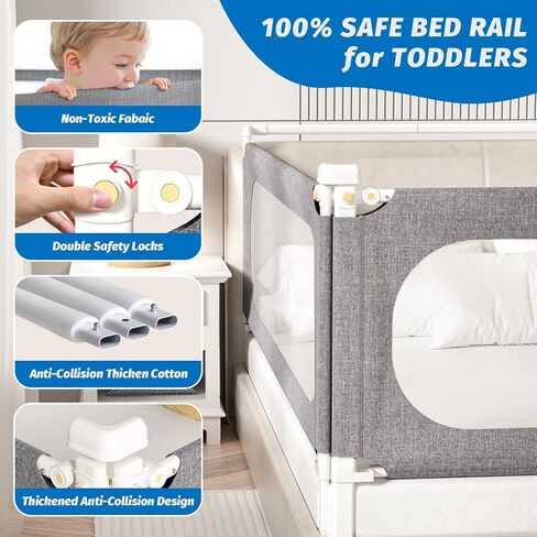 3-Piece California King Size Bed Rails for Toddlers, with Headboard Rod -Height Adjustable Baby' Safety Bed Rails Guard for California King Size Bed(3Pack 82.7"x82.7"x70.8"-Gray) in Kuwait