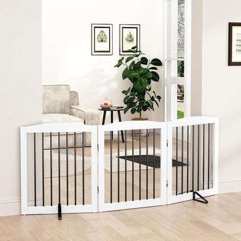 PUPETPO Freestanding Pet Gate for Dogs, Foldable Wooden Dog Gate for House, Indoor Pet Barrier for Stairs, Doorways, Support Feet Included, 24" Height 2 Panels, White in Kuwait