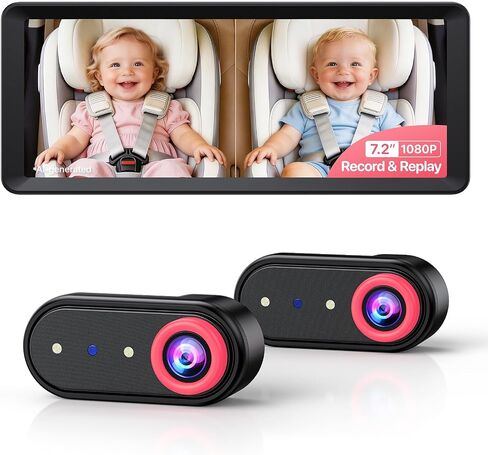 Dual Car Camera Baby Monitor with Recording for 2 Kids | 7.2'' HD Split Screen 1080P, Auto IR Night Vision & Wide Angle Backseat Mirror Easy Setup for Infant Toddler BM5 MAX(Orange) in Kuwait